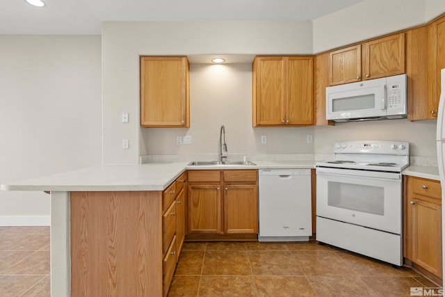 kitchen featuring kitchen peninsula, light tile patterned floors, white appliances, and sink