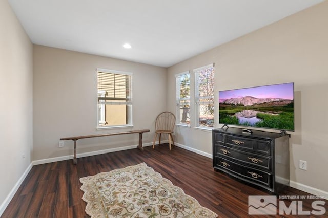 living area with a wealth of natural light and dark hardwood / wood-style floors