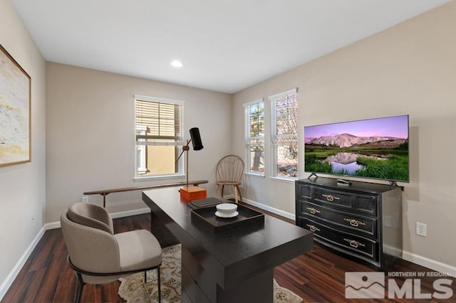 living room with dark hardwood / wood-style floors