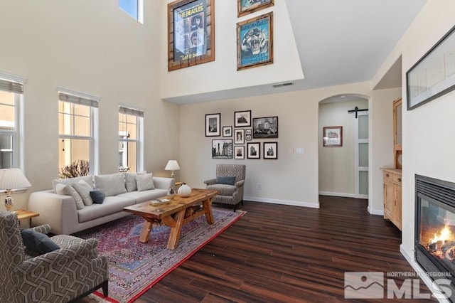 living room with a barn door, plenty of natural light, and dark hardwood / wood-style floors