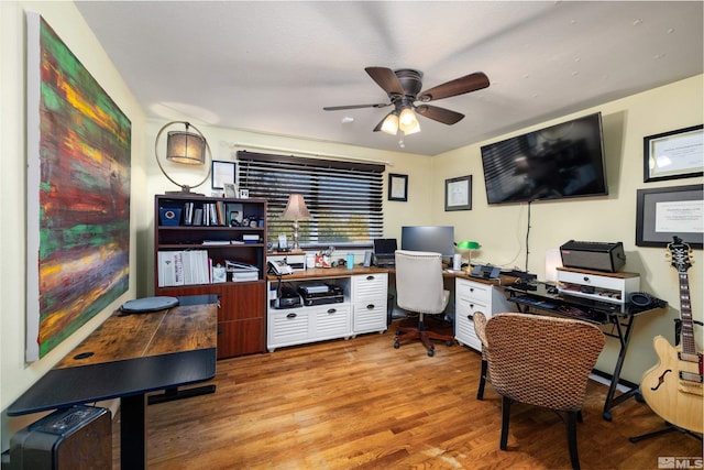 office area featuring ceiling fan and light hardwood / wood-style flooring