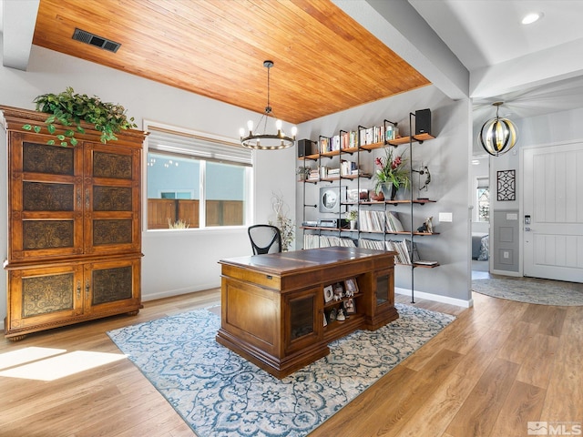 office space with a notable chandelier, light wood-type flooring, and wood ceiling