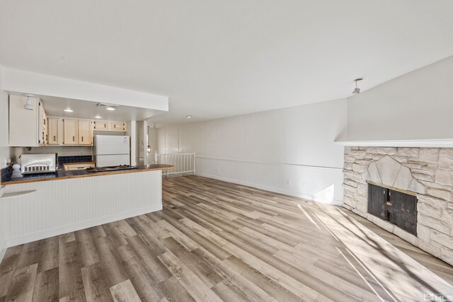 unfurnished living room with light hardwood / wood-style flooring and a stone fireplace