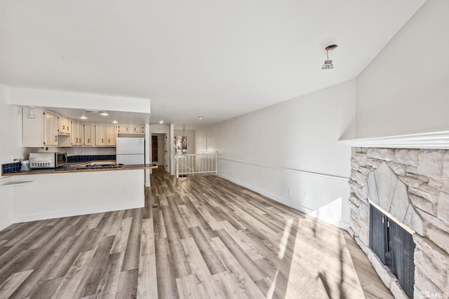 living room with a stone fireplace and light hardwood / wood-style flooring