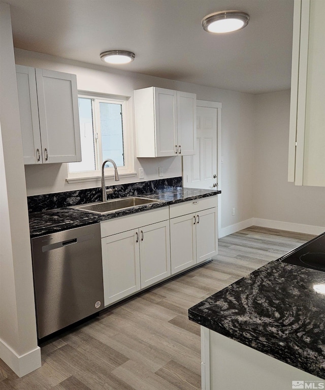 kitchen with dishwasher, light wood-type flooring, white cabinetry, and sink