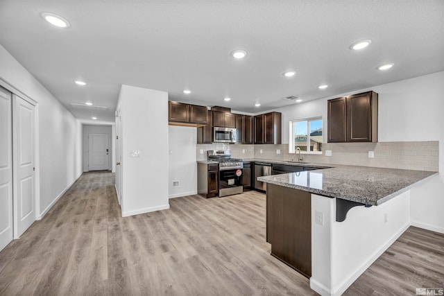 kitchen featuring sink, light wood-type flooring, appliances with stainless steel finishes, stone countertops, and kitchen peninsula