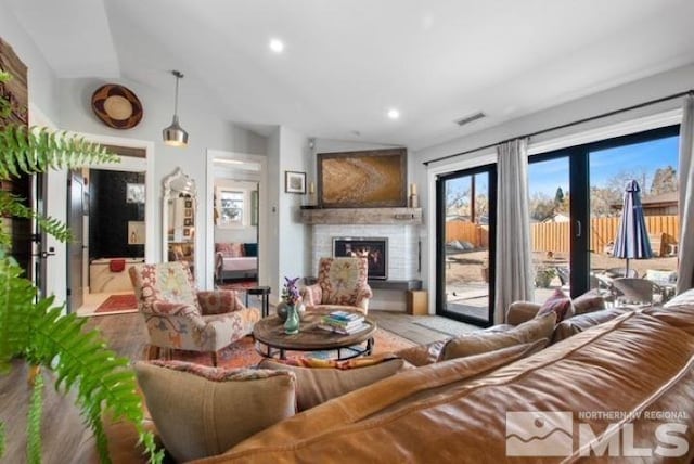 living room featuring lofted ceiling