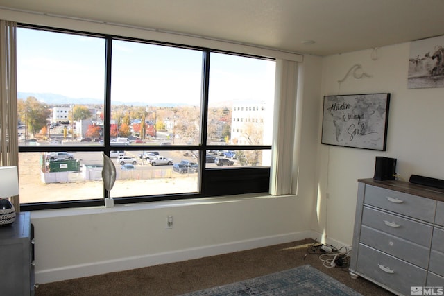 bedroom with dark colored carpet