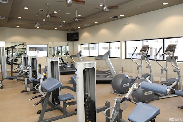 gym with a tray ceiling, light colored carpet, and a high ceiling