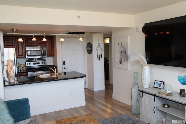 kitchen with pendant lighting, kitchen peninsula, light wood-type flooring, and stainless steel appliances