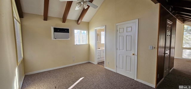 unfurnished bedroom with lofted ceiling with beams, ceiling fan, light carpet, and multiple windows