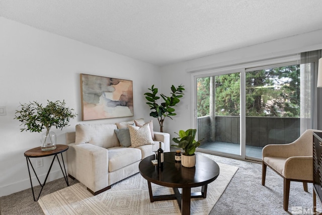 carpeted living room featuring a textured ceiling