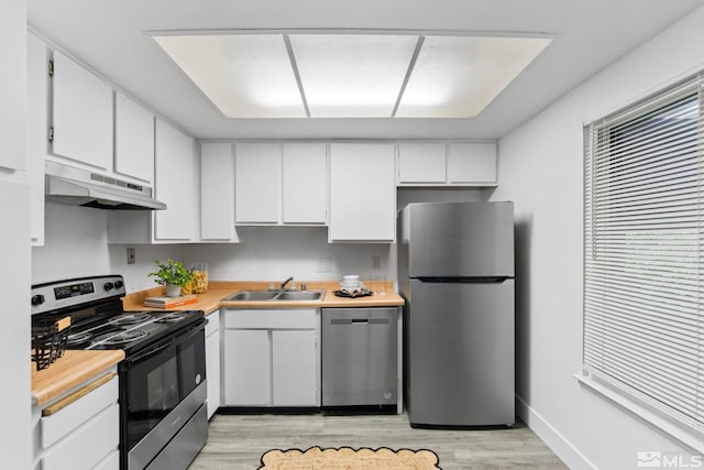 kitchen featuring white cabinetry, sink, stainless steel appliances, and light hardwood / wood-style flooring