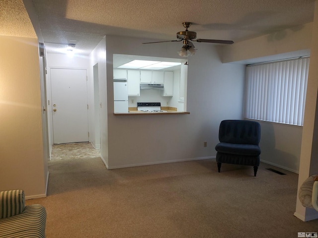 unfurnished room featuring light carpet, ceiling fan, and a textured ceiling