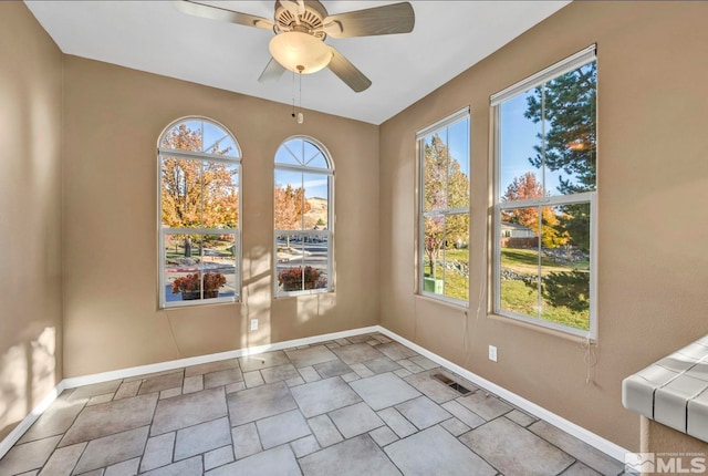 interior space with ceiling fan and a healthy amount of sunlight