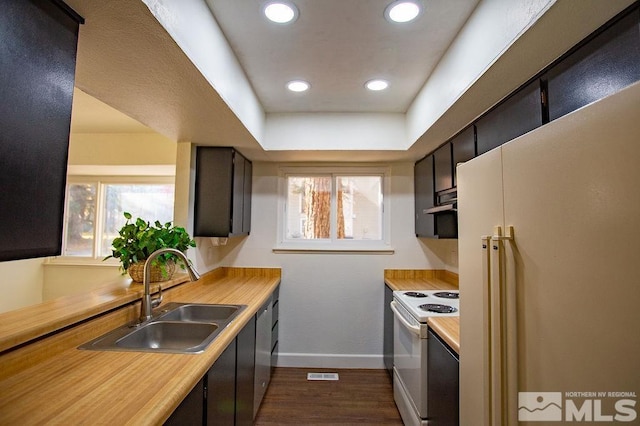 kitchen featuring wooden counters, white appliances, extractor fan, sink, and dark hardwood / wood-style floors