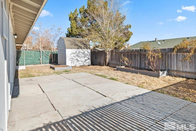 view of patio / terrace with a storage shed