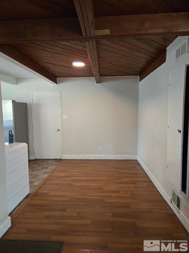 unfurnished room with hardwood / wood-style floors, beam ceiling, washer / dryer, and wooden ceiling