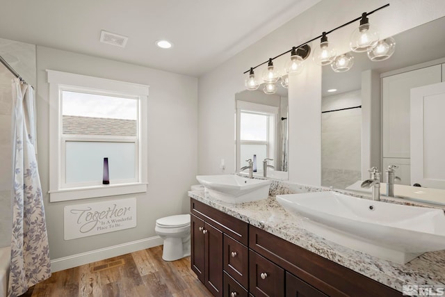 bathroom with vanity, toilet, wood-type flooring, and a wealth of natural light