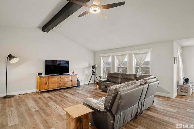 living room featuring vaulted ceiling with beams, light hardwood / wood-style floors, and ceiling fan