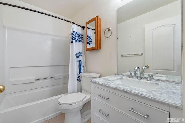 full bathroom with tile patterned floors, vanity, shower / bathtub combination with curtain, and toilet