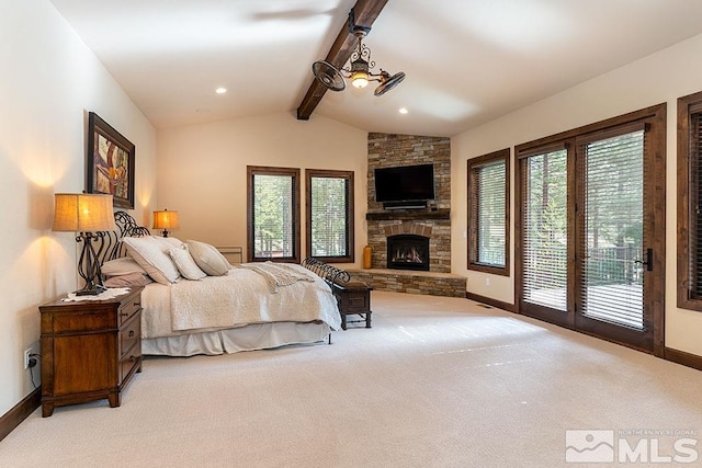 carpeted bedroom with a fireplace, vaulted ceiling with beams, access to outside, and multiple windows