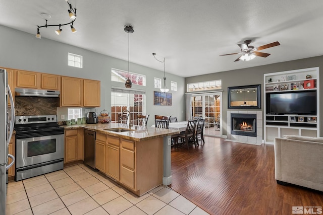 kitchen featuring kitchen peninsula, plenty of natural light, stainless steel appliances, and light wood-type flooring