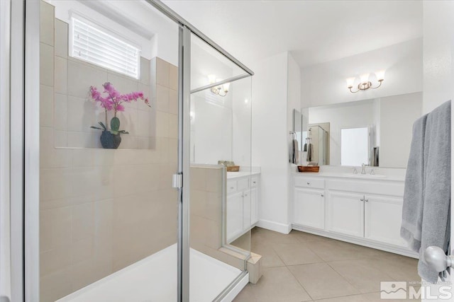 bathroom with tile patterned floors, vanity, and walk in shower