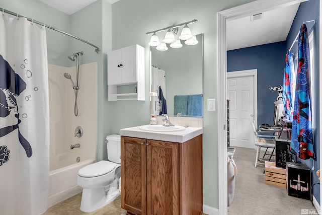 full bathroom with tile patterned flooring, vanity, toilet, and shower / bathtub combination with curtain