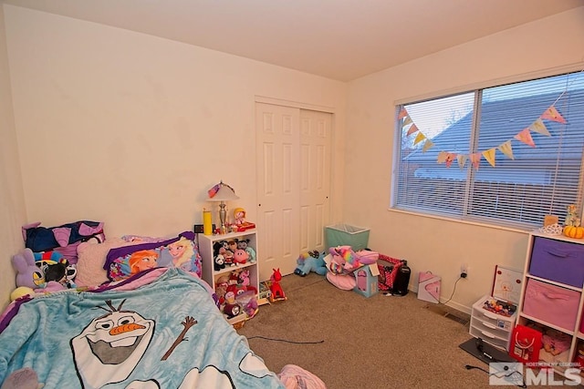 bedroom featuring carpet and a closet