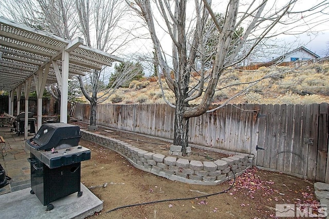 view of yard featuring a pergola and a patio area