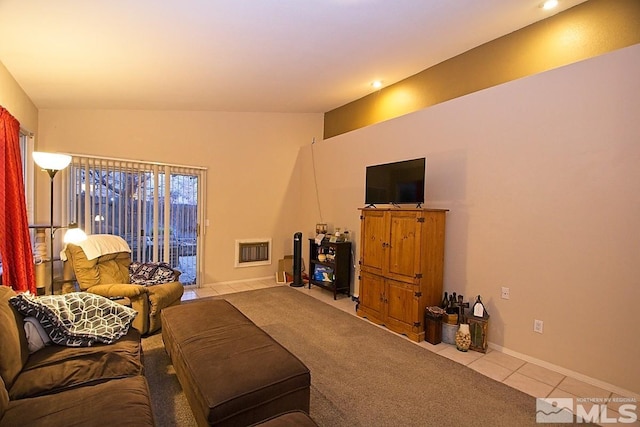 tiled living room featuring lofted ceiling