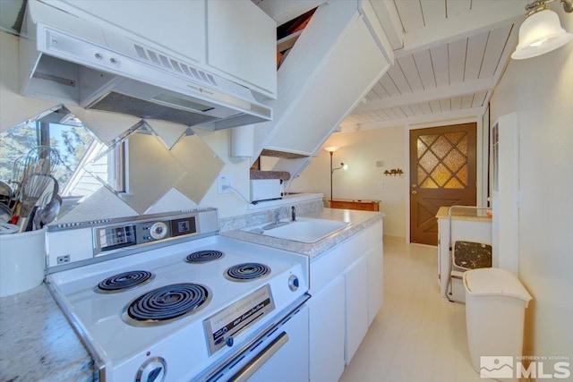 kitchen featuring white cabinets, white electric range oven, beam ceiling, wood ceiling, and extractor fan