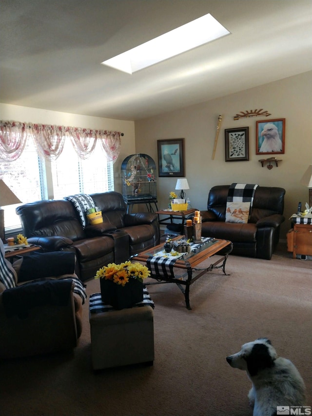 living room with a skylight and carpet