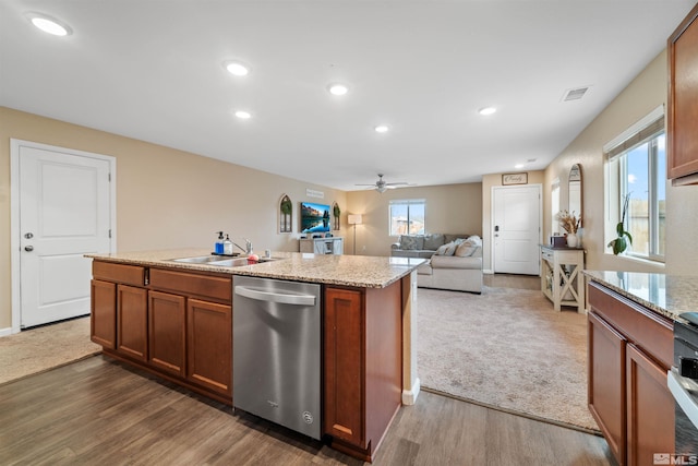 kitchen featuring dishwasher, dark hardwood / wood-style floors, sink, and ceiling fan