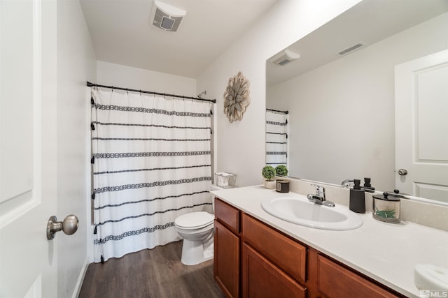 bathroom with vanity, wood-type flooring, and toilet