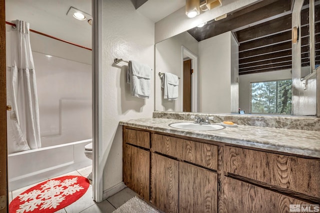 full bathroom with tile patterned flooring, shower / bath combination with curtain, toilet, and vanity