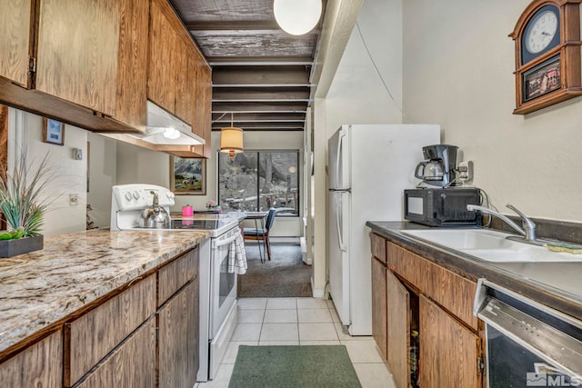 kitchen with sink, light tile patterned floors, and white appliances