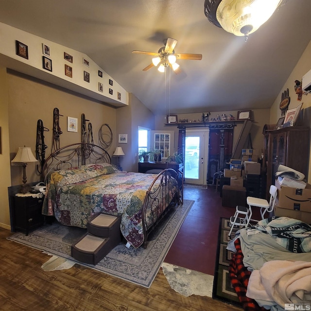 bedroom with ceiling fan, dark hardwood / wood-style flooring, and vaulted ceiling