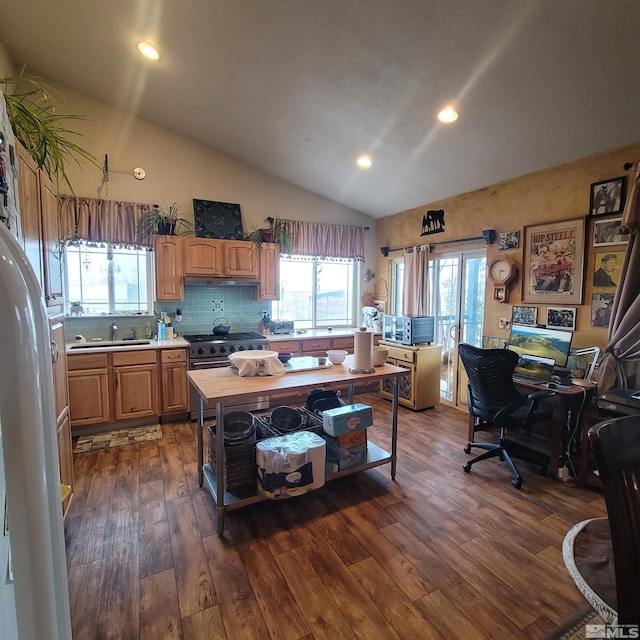 kitchen featuring decorative backsplash, stainless steel appliances, sink, dark hardwood / wood-style floors, and lofted ceiling