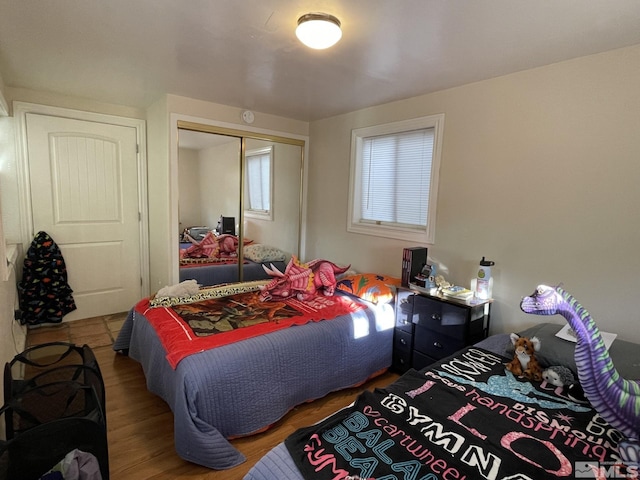 bedroom with wood-type flooring and a closet