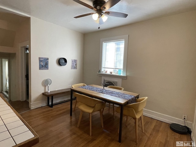 dining space with ceiling fan and wood-type flooring