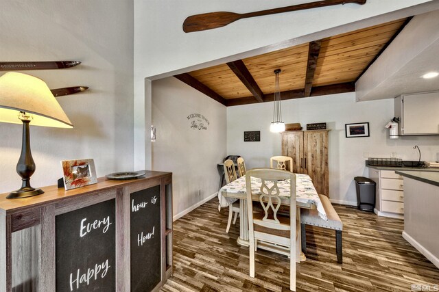 dining space featuring beamed ceiling, dark wood-type flooring, and wood ceiling