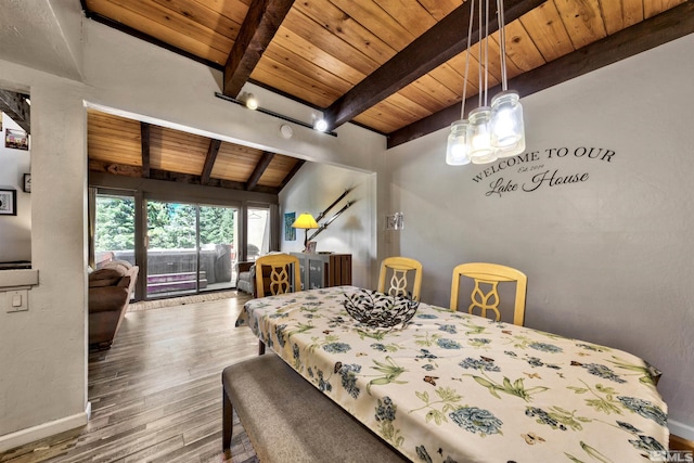 bedroom with wood-type flooring, vaulted ceiling with beams, and wood ceiling