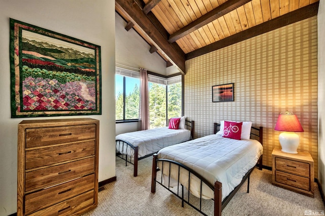 bedroom with beam ceiling, wooden ceiling, high vaulted ceiling, and light colored carpet