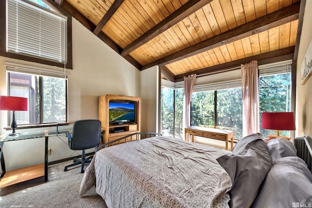 bedroom with lofted ceiling with beams and multiple windows