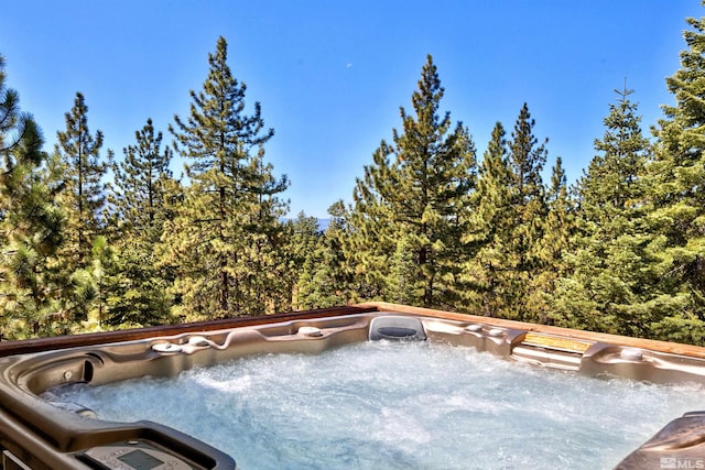 view of swimming pool with a hot tub