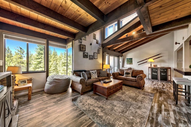 living room with vaulted ceiling with beams, wooden ceiling, dark wood-type flooring, and a wealth of natural light