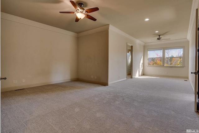 interior space featuring light colored carpet and crown molding