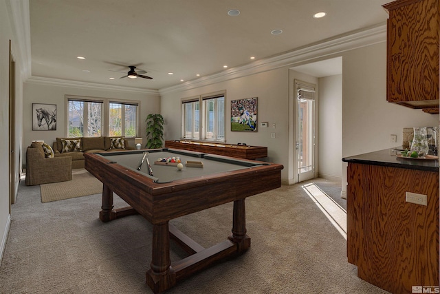 playroom with ceiling fan, ornamental molding, light carpet, and pool table